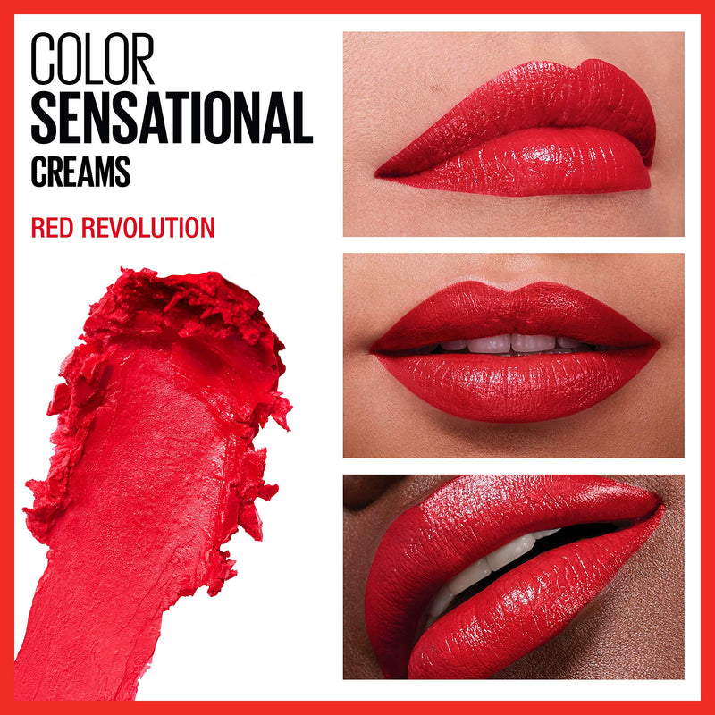 Maybelline Color Sensational Lipstick, Lip Makeup, Cream Finish, Hydrating Lipstick, Nude, Pink, Red, Plum Lip Color, Red Revolution, 0.15 oz; (Packaging May Vary) Maybelline New York