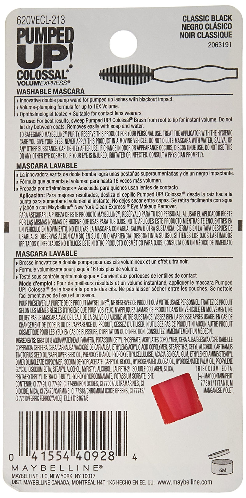 Maybelline Volum' Express Pumped Up Colossal Mascara, Washable Formula Infused with Collagen for Up To 16x Lash Volume, Classic Black, 1 Count Maybelline New York