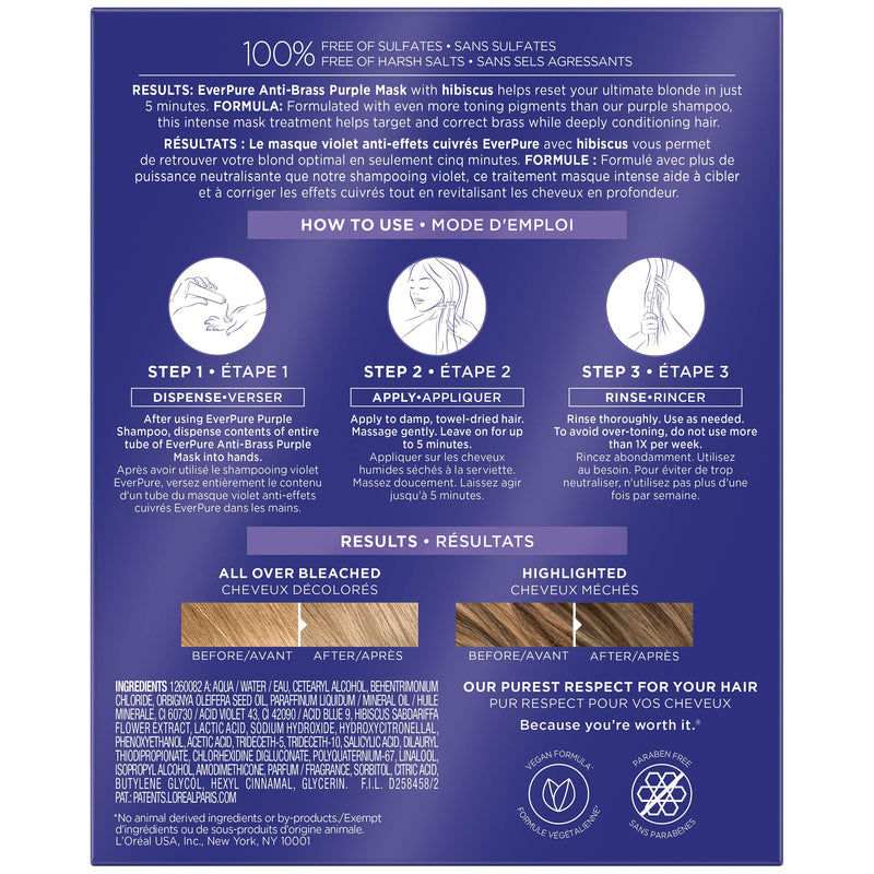 L'Oreal Paris EverPure Ultra Pigmented Anti Brass Purple Rinse-Out Mask for Bleached, Blonde or Highlighted Hair, 3 Ounce L'Oreal Paris