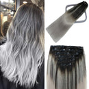 Lashup Balayage Natural Black Fading to Silver Gray Real Human Remy Virgin Hair Extensions Full Head Thinckend Double Weft (