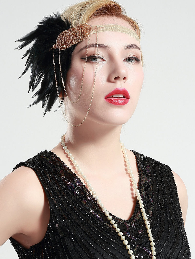 BABEYOND 1920s Flapper Headband Roaring 20s Great Gatsby Headpiece Beaded Black Feather Headband 1920s Flapper Gatsby Hair Accessories (Champagne) BABEYOND