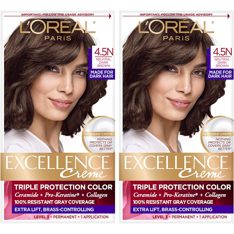 L'Oreal Paris Excellence Creme Permanent Hair Color, 4.5N Dark Neutral Brown, 100 percent Gray Coverage Hair Dye, Pack of 2 L'Oreal Paris Store
