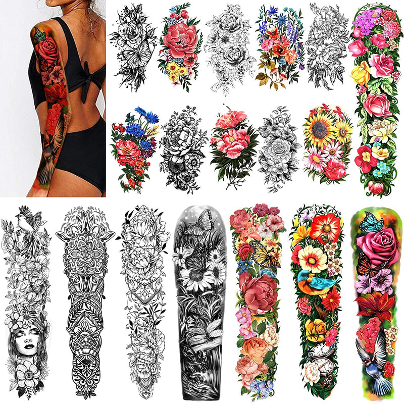 Full Arm Waterproof Temporary Tattoos 8 Sheets and Half Arm Shoulder Tattoo 10 Sheets, Extra Large LastingTattoo Stickers for Girls and Women (22.83"X7.1") Yazhiji