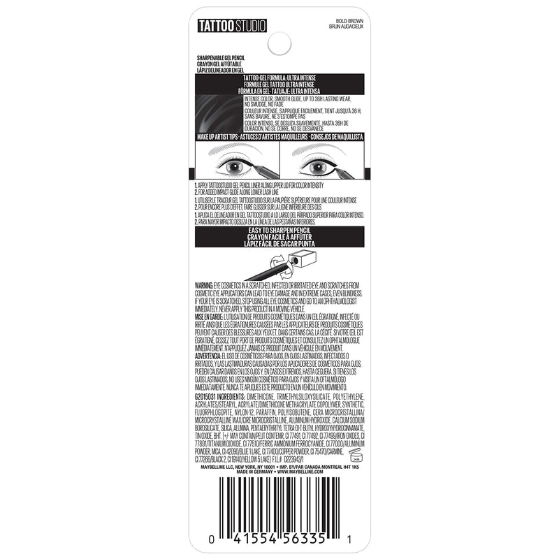 Maybelline TattooStudio Sharpenable Gel Pencil Longwear Eyeliner Makeup, Bold Brown, 0.04 oz. Maybelline New York