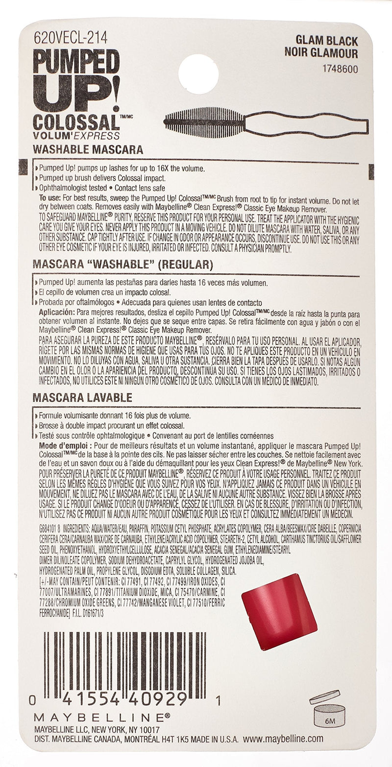 Maybelline New York Volum' Express Pumped Up Colossal Mascara, Washable Glam Black, 0.33 Fl Oz Maybelline New York