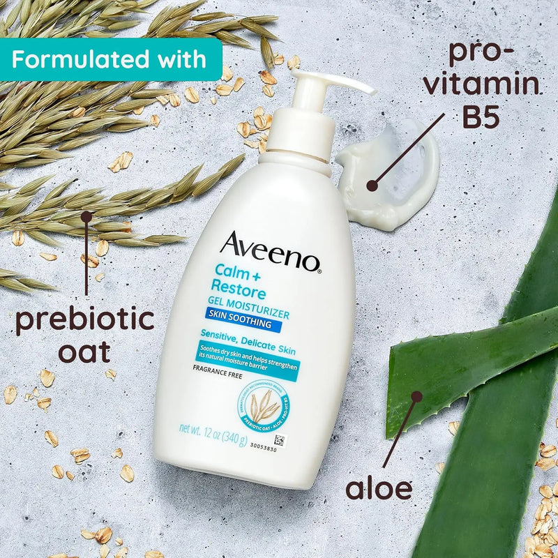 Aveeno Calm + Restore Body Moisturizer Gel for Sensitive Skin, Lightweight Moisturizer to Help Heal Dry Skin with Aloe Vera, Prebiotic Oat and Pro-Vitamin B5, Fragrance Free, 12 OZ Infinity Warehouse