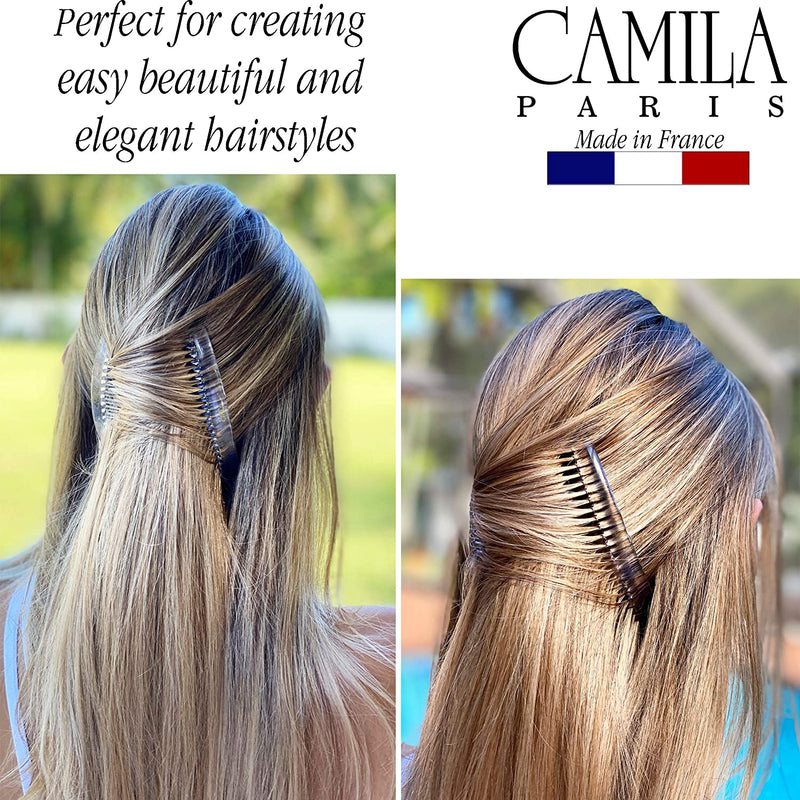 Camila Paris CP2911 French Side Combs Large 2 Pack Curved, Clear Flexible Durable Cellulose Hair Combs, Strong Hold Grip Hair Clips for Women, No Slip Styling Girls Hair Accessories, Made in France Camila Store
