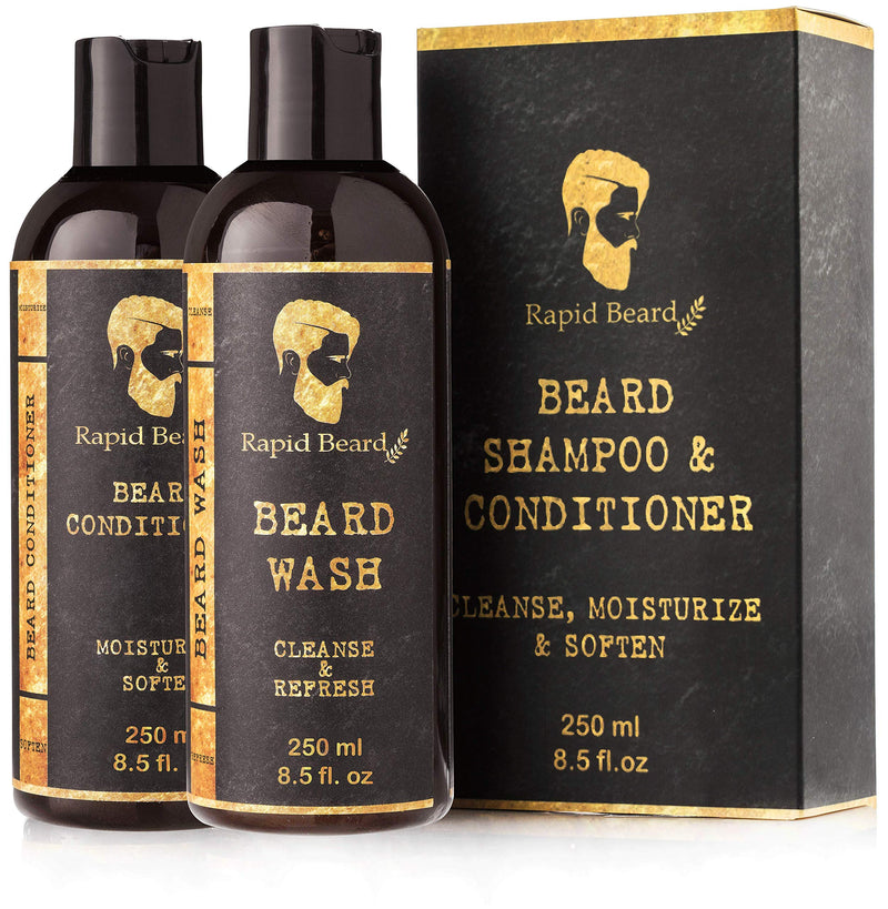 Beard Shampoo and Beard Conditioner Wash & Growth kit for Men Care - Softener & Moisturizer for Hydrating, Cleansing and Refreshing Beard and Mustache Facial Hair Gift Set (250ml / 8.5 fl oz) Rapid Beard