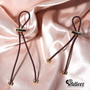 Pulleez Plus Sliding Ponytail Holder, 13" - Gold Knot Metal Charms - Brown Elastic Hair Tie Bracelet Pulleez