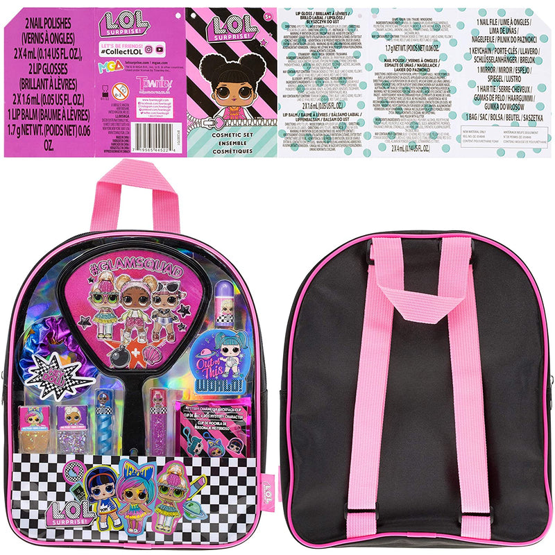 L.O.L Surprise! Townley Girl backpack Cosmetic makeup Set 10 Pieces, Including Lip Gloss, Nail Polish, Scrunchy, Mirror and Surprise Keychain, Ages 5+ for School Parties, Sleepovers and Makeovers Townley Girl