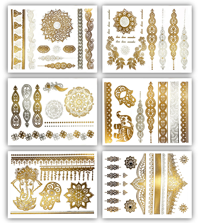 Terra Tattoos Metallic Gold Henna Temporary Tattoos 75+ Mandala Tattoos Flowers, Mandalas, Elephants Waterproof Nontoxic Long Lasting for Beach, Festivals, & Parties Terra Tattoos