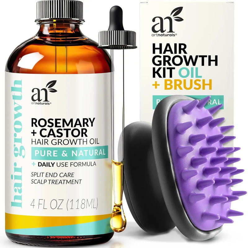 ArtNaturals Organic Rosemary & Castor Hair Growth Oil + Scalp Massager Set – Hair Styling Oils for Dry, Itchy Scalp, Thickening & Hydration - Scalp Oil Products For Damaged Hair & Split Ends – 4.0 oz Infinity Warehouse
