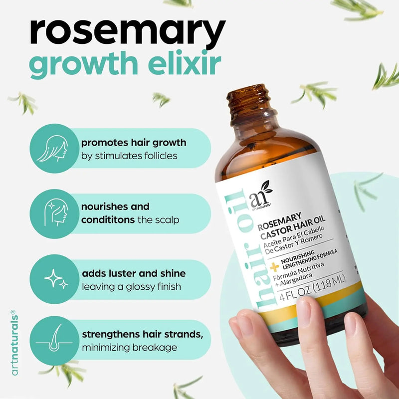 ArtNaturals Organic Rosemary & Castor Hair Growth Oil + Scalp Massager Set – Hair Styling Oils for Dry, Itchy Scalp, Thickening & Hydration - Scalp Oil Products For Damaged Hair & Split Ends – 4.0 oz Infinity Warehouse