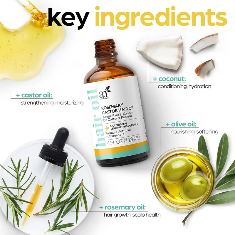 ArtNaturals Organic Rosemary & Castor Hair Growth Oil + Scalp Massager Set – Hair Styling Oils for Dry, Itchy Scalp, Thickening & Hydration - Scalp Oil Products For Damaged Hair & Split Ends – 4.0 oz Infinity Warehouse
