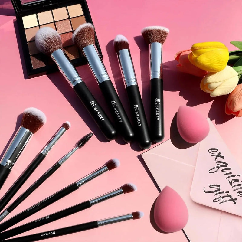 BEAKEY Makeup Brushes Set, Professional Foundation Eyeshadow Concealer Blush Powder Bronzer Applicator, 2 Blender Sponge with Beauty Paper Case Infinity Warehouse