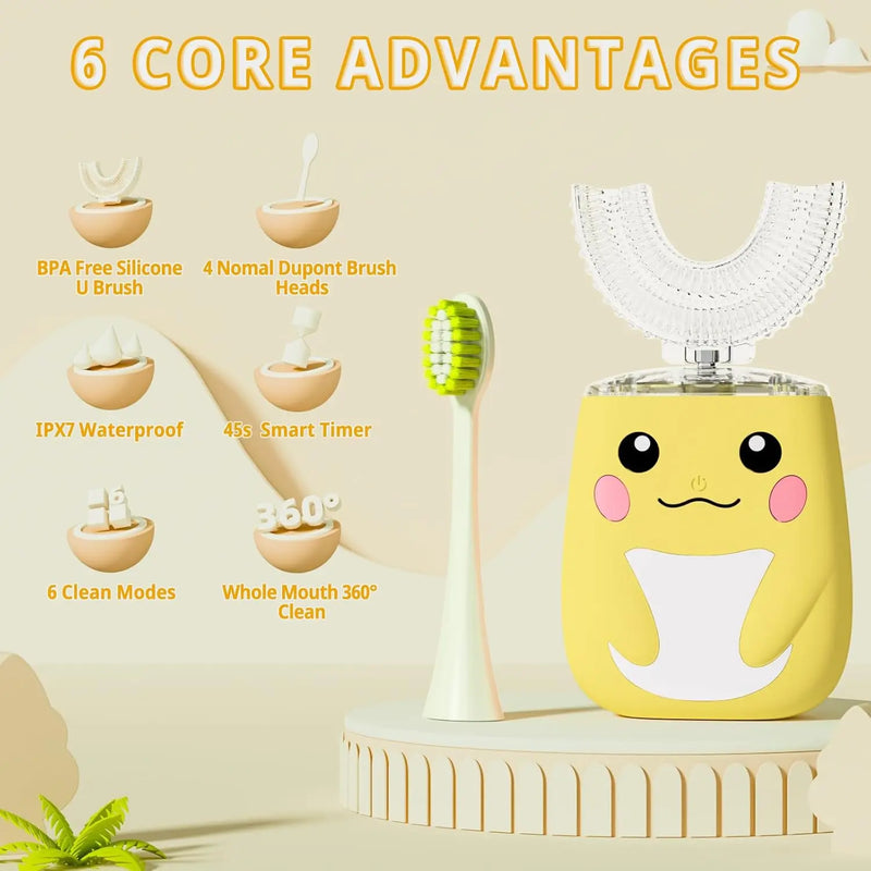 Kids Electric U Shaped Toothbrush Children Rechargeable Sonic Toothbrush with 6 Soft Brush Head Automatic Full Mouth 6 Cleaning Modes -Age8-15 Yellow Infinity Warehouse