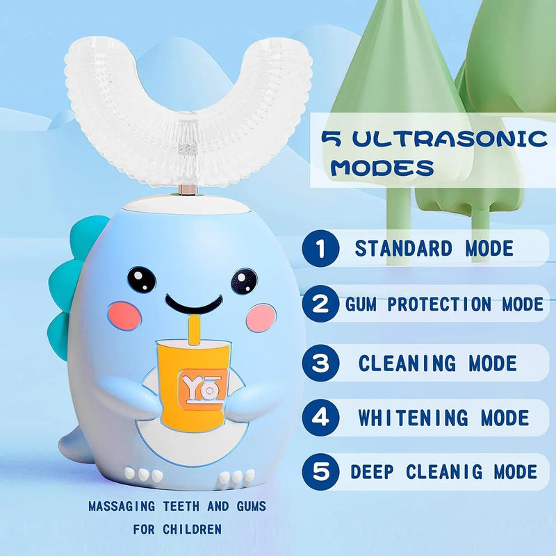Kids U Shaped Electric Toothbrush with 4 Brush Heads, Sonic Toothbrush Kids with 5 Modes, Cartoon Dinosaur 360-Degree Cleaning IPX7 Waterproof Design (2-6 Age (Blue)) Infinity Warehouse