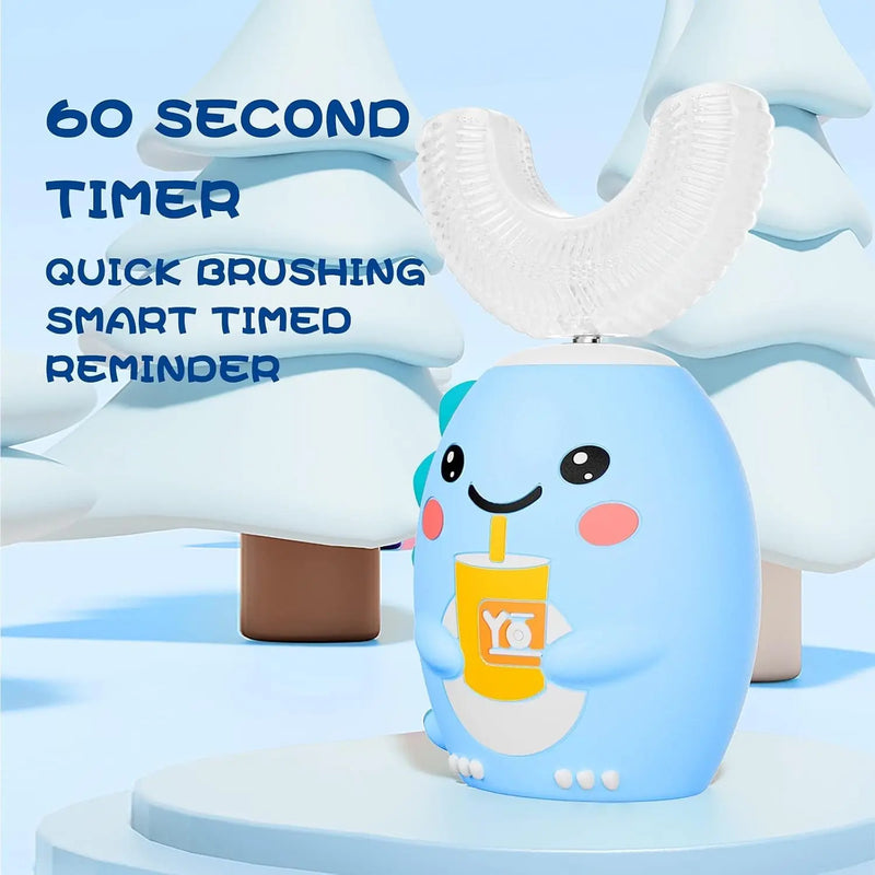 Kids U Shaped Electric Toothbrush with 4 Brush Heads, Sonic Toothbrush Kids with 5 Modes, Cartoon Dinosaur 360-Degree Cleaning IPX7 Waterproof Design (2-6 Age (Blue)) Infinity Warehouse