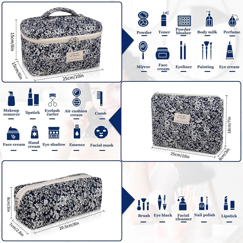 Makeup Bag Set, Quilted Makeup Bag, Large Floral Cosmetic Bag for Women, Cute Cotton Makeup Bags, Flower Travel Toiletry Organizer Bag (Black Rose Flower) Infinity Warehouse