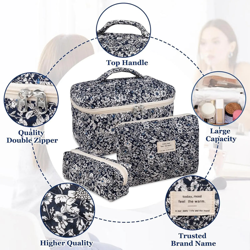 Makeup Bag Set, Quilted Makeup Bag, Large Floral Cosmetic Bag for Women, Cute Cotton Makeup Bags, Flower Travel Toiletry Organizer Bag (Black Rose Flower) Infinity Warehouse
