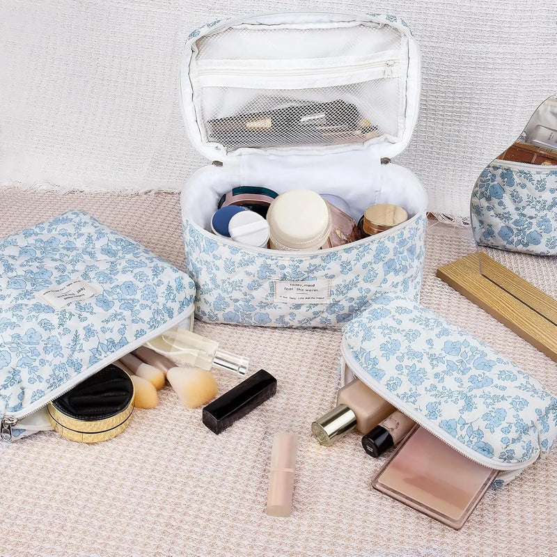 Makeup Bag Set, Quilted Makeup Bag, Large Floral Cosmetic Bag for Women, Cute Cotton Makeup Bags, Flower Travel Toiletry Organizer Bag (Black Rose Flower) Infinity Warehouse