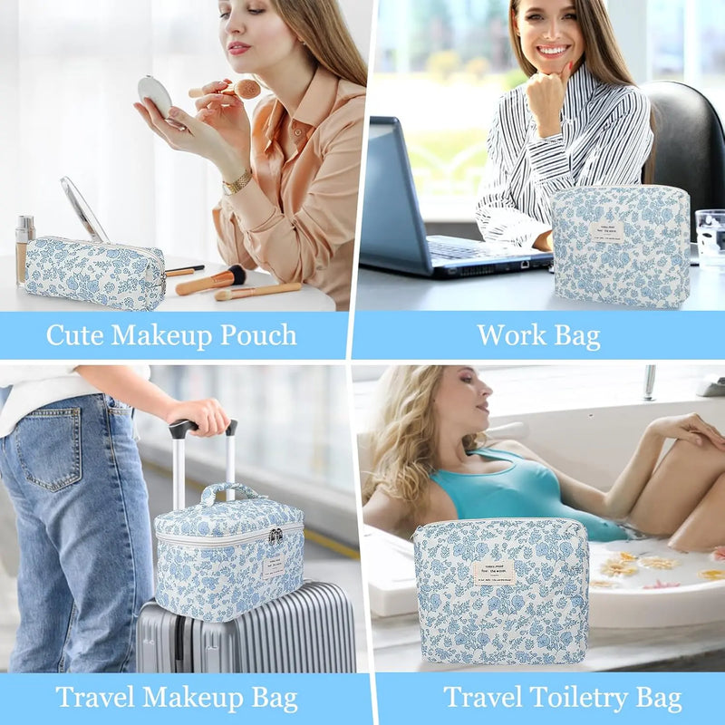 Makeup Bag Set, Quilted Makeup Bag, Large Floral Cosmetic Bag for Women, Cute Cotton Makeup Bags, Flower Travel Toiletry Organizer Bag (Black Rose Flower) Infinity Warehouse