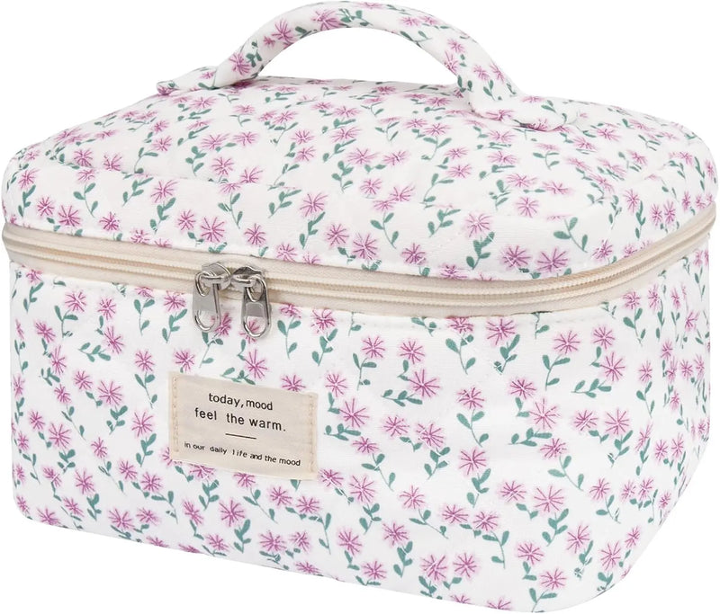 Makeup Bag Set, Quilted Makeup Bag, Large Floral Cosmetic Bag for Women, Cute Cotton Makeup Bags, Flower Travel Toiletry Organizer Bag (Black Rose Flower) Infinity Warehouse