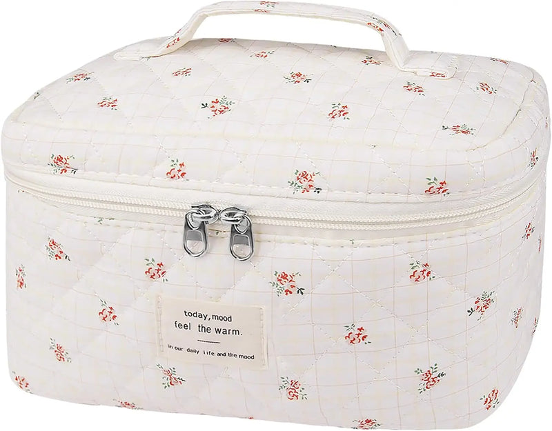 Makeup Bag Set, Quilted Makeup Bag, Large Floral Cosmetic Bag for Women, Cute Cotton Makeup Bags, Flower Travel Toiletry Organizer Bag (Black Rose Flower) Infinity Warehouse