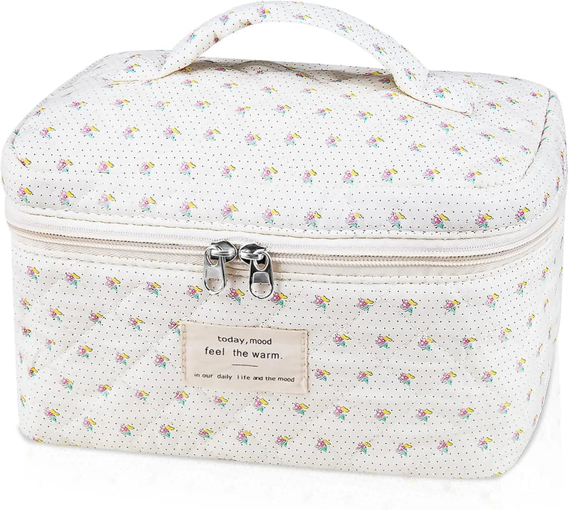 Makeup Bag Set, Quilted Makeup Bag, Large Floral Cosmetic Bag for Women, Cute Cotton Makeup Bags, Flower Travel Toiletry Organizer Bag (Black Rose Flower) Infinity Warehouse