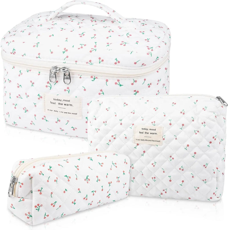 Makeup Bag Set, Quilted Makeup Bag, Large Floral Cosmetic Bag for Women, Cute Cotton Makeup Bags, Flower Travel Toiletry Organizer Bag (Black Rose Flower) Infinity Warehouse