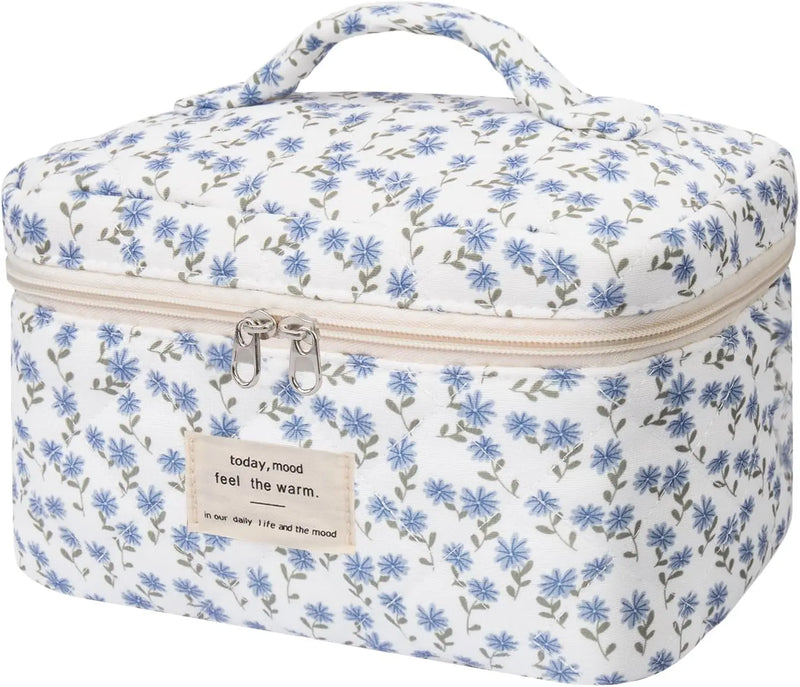 Makeup Bag Set, Quilted Makeup Bag, Large Floral Cosmetic Bag for Women, Cute Cotton Makeup Bags, Flower Travel Toiletry Organizer Bag (Black Rose Flower) Infinity Warehouse