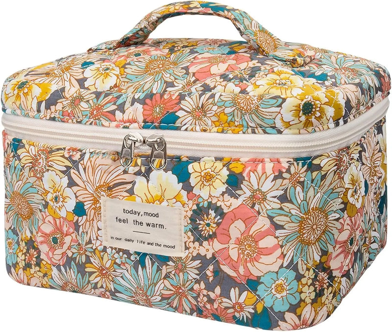 Makeup Bag Set, Quilted Makeup Bag, Large Floral Cosmetic Bag for Women, Cute Cotton Makeup Bags, Flower Travel Toiletry Organizer Bag (Black Rose Flower) Infinity Warehouse