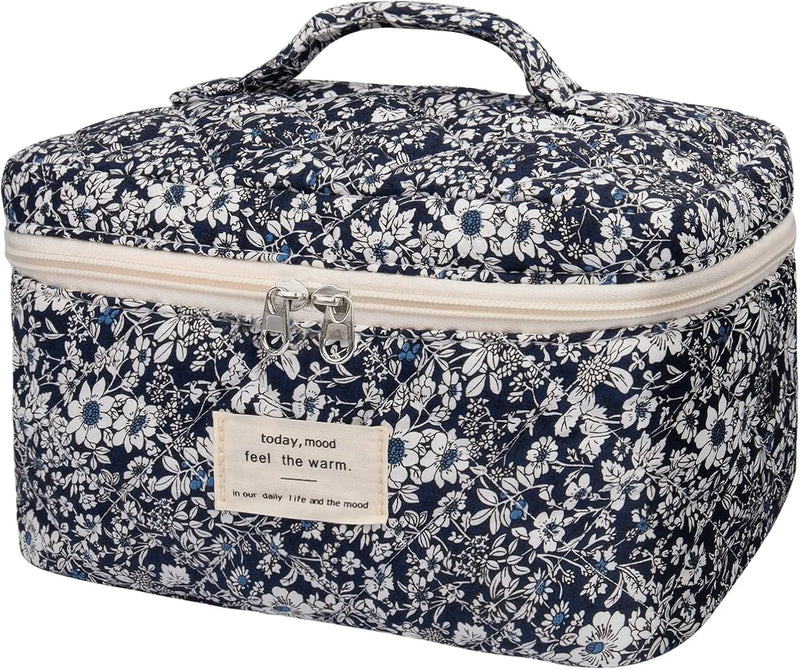 Makeup Bag Set, Quilted Makeup Bag, Large Floral Cosmetic Bag for Women, Cute Cotton Makeup Bags, Flower Travel Toiletry Organizer Bag (Black Rose Flower) Infinity Warehouse