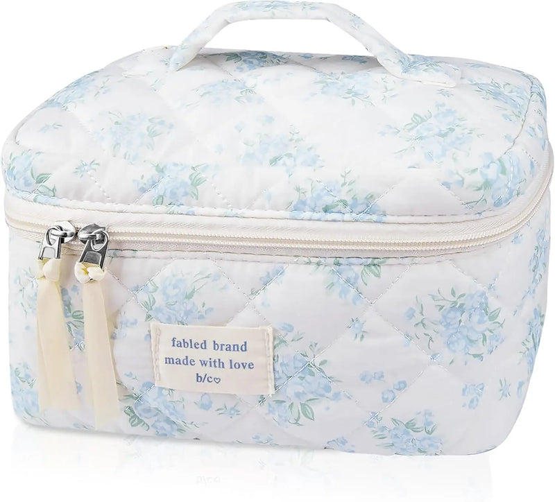 Makeup Bag Set, Quilted Makeup Bag, Large Floral Cosmetic Bag for Women, Cute Cotton Makeup Bags, Flower Travel Toiletry Organizer Bag (Black Rose Flower) Infinity Warehouse