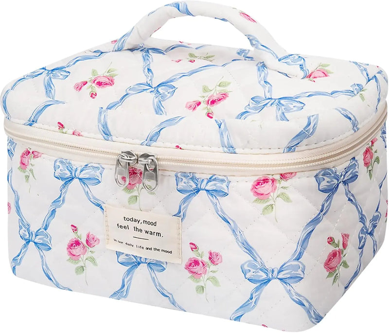 Makeup Bag Set, Quilted Makeup Bag, Large Floral Cosmetic Bag for Women, Cute Cotton Makeup Bags, Flower Travel Toiletry Organizer Bag (Black Rose Flower) Infinity Warehouse