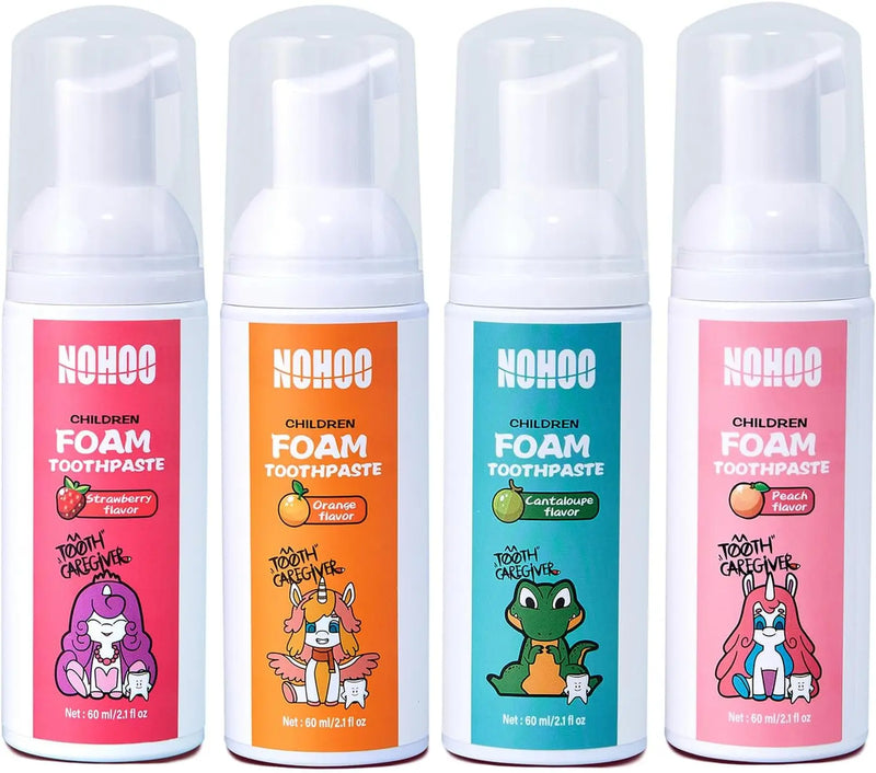 NOHOO Kids Foam Toothpaste with Fruit Flavor, Fluoride Free Natural Formul, Foam Toothpaste for Electric Toothbrush (Strawberry+Orange+Peach+Cantaloupe) Infinity Warehouse