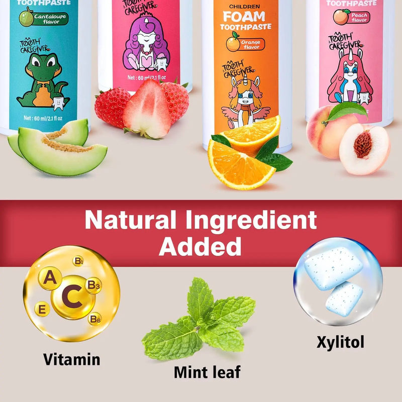 NOHOO Kids Foam Toothpaste with Fruit Flavor, Fluoride Free Natural Formul, Foam Toothpaste for Electric Toothbrush (Strawberry+Orange+Peach+Cantaloupe) Infinity Warehouse