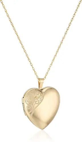 14k Gold-Filled Large Satin and Polished Finish Hand Engraved Heart Shaped Locket Necklace, 18" Beauty Coquette