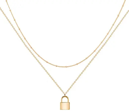 Layered Padlock Necklace Pendant Handmade 18k Gold Plated Dainty Gold Choker Arrow Bar Layering Long Necklace for Women Beauty Coquette