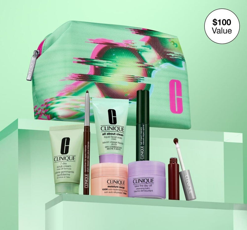 Clinique 8 Pc Gift Set Moisture Surge 100H Lip Gloss Black Honey Quickliner Soap Infinity Warehouse
