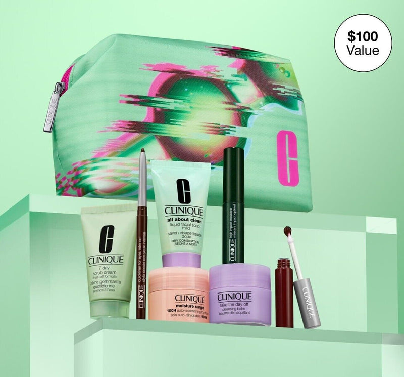 Clinique 8 Pc Gift Set Moisture Surge 100H Lip Gloss Black Honey Quickliner Soap Infinity Warehouse