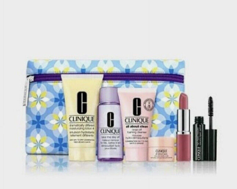 Clinique Skin Care Makeup 7 Piece Gift Set With Floral Cosmetic Bag (Brand New) Infinity Warehouse