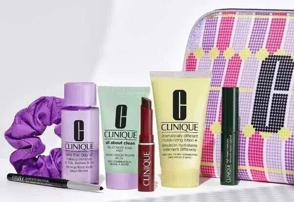CLINIQUE 8 Pcs Gift Set Black Honey Lipstick Moisturizing Lotion Quickliner NEW Infinity Warehouse